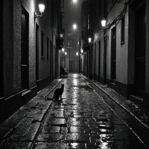 High-contrast black-and-white image of a deserted alleyway in the rain, with a single streetlamp illuminating wet cobblestones, and a stray cat dashing through the shadows.