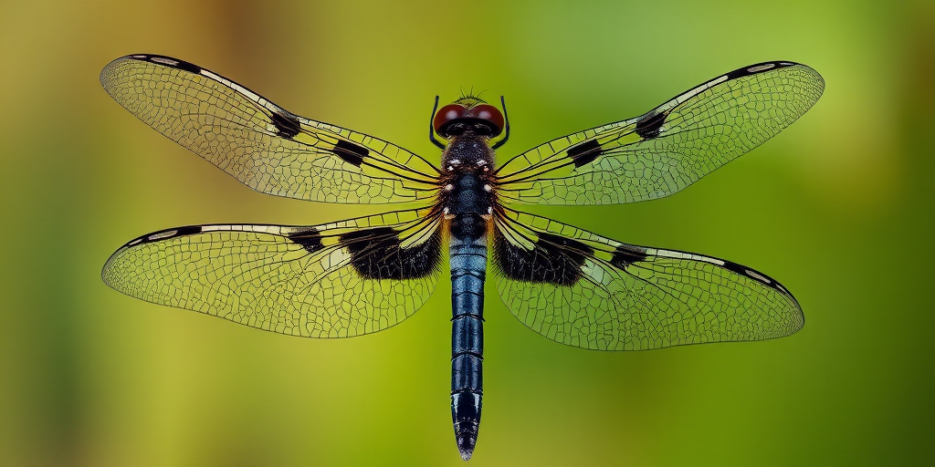 Create a high-resolution image of a stylized dragonfly with intricate black and white patterns on its wings, shot with a DSLR camera at f/2.8, ISO 100, 1/250 sec, with a macro lens, using a top-down view and soft lighting for enhanced details.