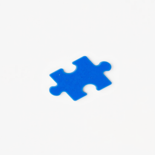 Generate a high-resolution image of a blue puzzle piece on a plain white background, using a DSLR camera with a 50mm lens, aperture set to f/2.8, ISO 100, and a soft focus style.