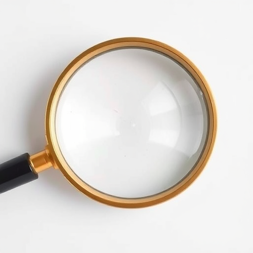 Create an image of a magnifying glass with a large, clear glass lens and a golden circular frame, set against a clean white background, using a DSLR camera with a 50mm lens at f/2.8, ISO 100, and a soft focus to enhance detail and clarity.