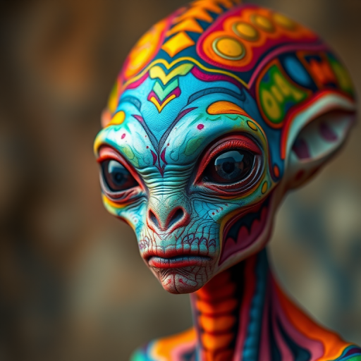 Create a vibrant and intricate portrait of an alien with colorful patterns and details, using a Canon EOS R5 camera, 50mm lens, f/1.8 aperture, ISO 100, and a soft focus background to enhance depth and contrast.