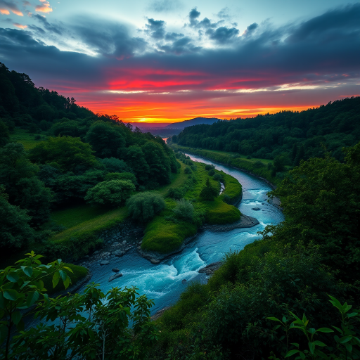 Generate an image of a serene landscape with a river flowing through lush greenery, vibrant sunset colors reflected on the water, captured with a Canon EOS R5, 24mm lens, aperture f/8, shutter speed 1/100s, ISO 100, in a wide-angle view for enhanced depth and clarity.