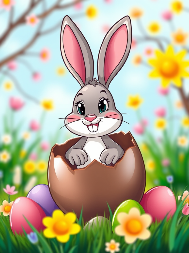 create a vibrant cartoon-style illustration of a cheerful bunny emerging from a cracked chocolate egg, set against a colorful spring background, using a digital camera with a 50mm lens, aperture f/2.8, ISO 100, and a focus on bright, playful colors and smooth textures to enhance image quality.
