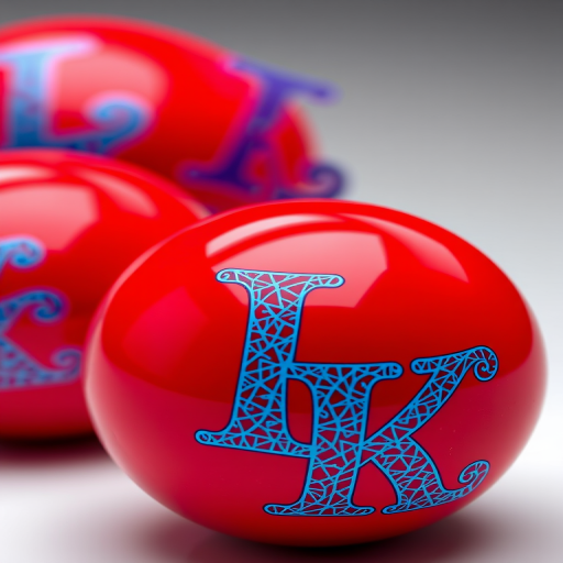 Generate an image of two glossy red spheres with intricate blue patterned letters "L" and "K" on each sphere, use a DSLR camera, aperture f/2.8, ISO 100, focal length 50mm, taken from a slight low angle for depth.