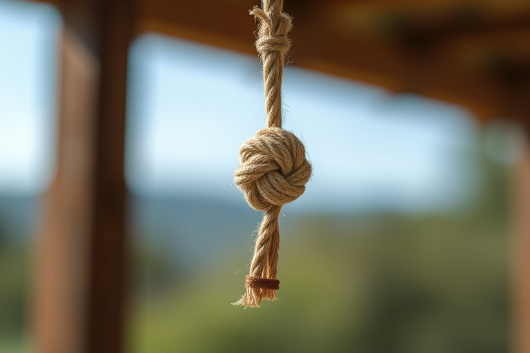Create a high-resolution image of a single knot hanging vertically, captured with a Canon EOS R5, 50mm lens, aperture f/2.8, ISO 100, shutter speed 1/200s, in natural light with a shallow depth of field, focusing on the texture and details of the knot against a blurred background.