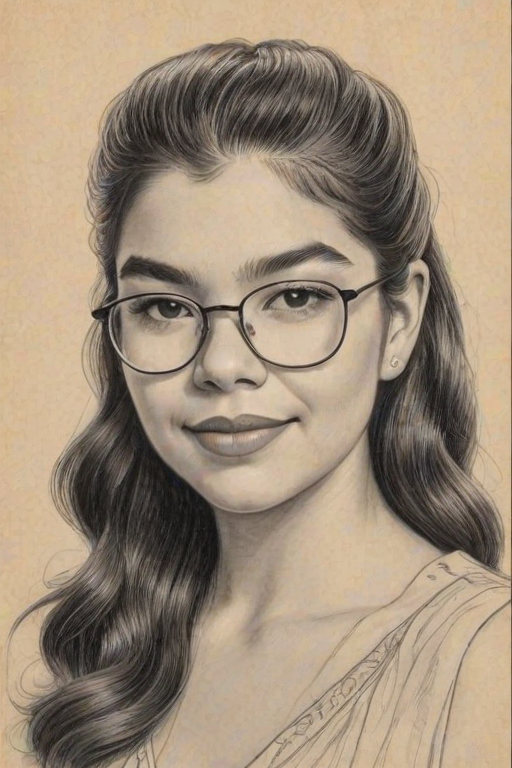 Exquisite Auli'i Cravalho, pencil sketch, portrait of Fetching woman 1933s in glasses, hair style beatnik, outline, clear lines, fine lines, 8k