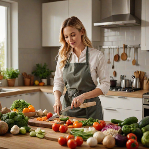 Warmly lit photo of a woman cooking in a modern kitchen, dressed in a stylish apron, chopping vegetables with a colorful assortment of ingredients displayed around her.