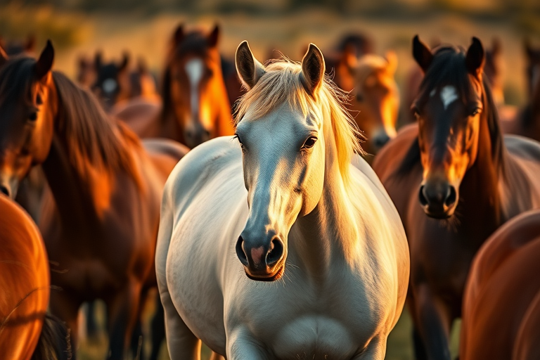 High-resolution image of a herd of horses in a natural setting with one white horse prominently featured among brown horses, taken with a Canon EOS 5D Mark IV, 50mm lens, f/2.8 aperture, ISO 400, natural light during golden hour, shallow depth of field for a blurred background effect.