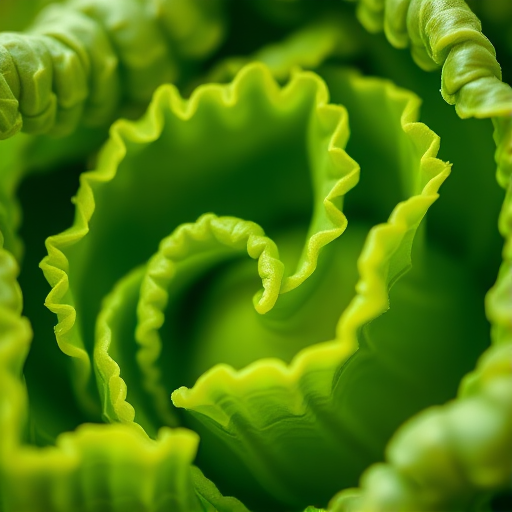 macro shot of detailed green vegetable leaves with intricate curls and textures, shallow depth of field, aperture f/2.8, ISO 100, 50mm lens, natural light, DSLR camera