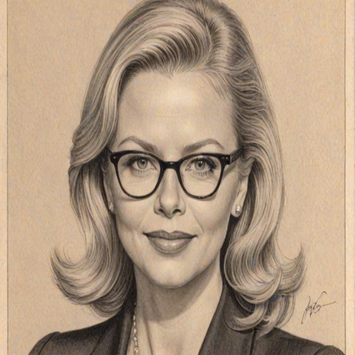 Stunning Faith Ford, pencil sketch, portrait of Pleasing woman 1938s in glasses, hair style beatnik, outline, clear lines, fine lines, 8k