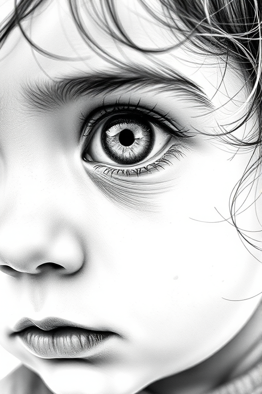 A hyperdetailed photorealistic black and white sketch of a beautiful toddler with deep white eyes, with a macro focus