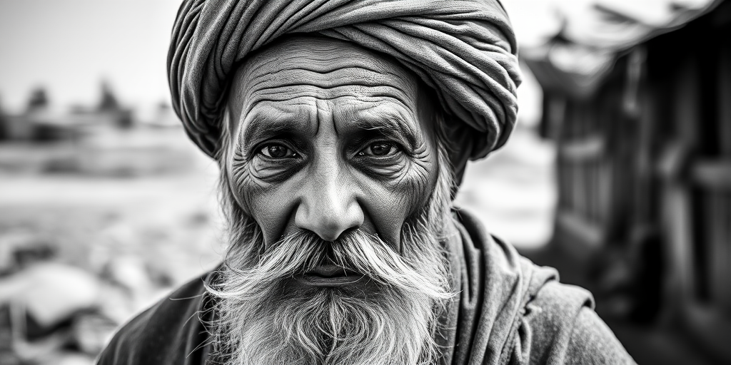 portrait of an elderly man with a beard wearing a traditional turban in a rural setting, captured at f/2.8, ISO 100, 1/200s, 85mm lens in natural light, shallow depth of field, showing intricate textures of skin and fabric, monochrome style
