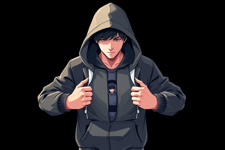 Create an illustration of a person in a hoodie opening their jacket to reveal a smaller version of themselves inside, with a black background, using a DSLR camera at 50mm focal length, aperture f/1.8, ISO 100, and a shallow depth of field for enhanced image quality.