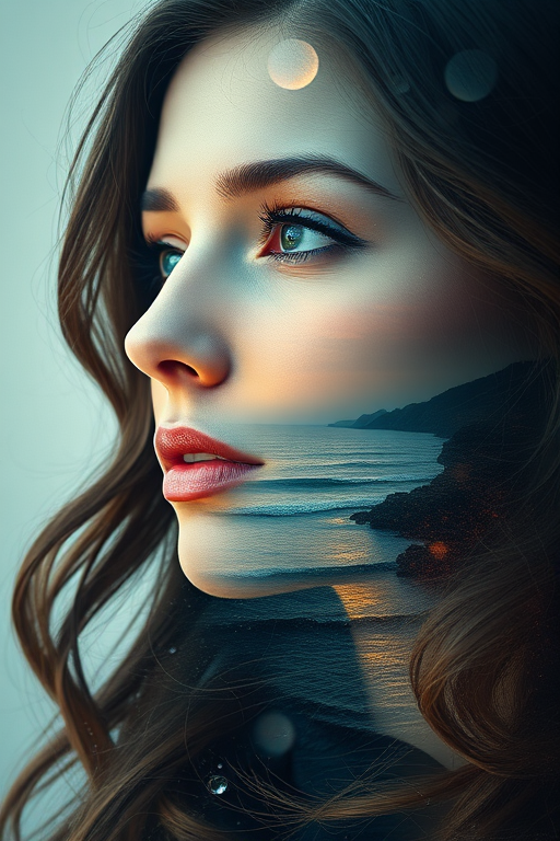 design Book cover, A surreal double exposure portrait that blends a woman's face with a beautiful seascape. The overall mood is dreamy and mystical, with rich colors and intricate details