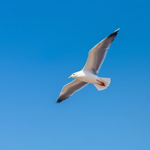 seagull in flight against a clear blue sky, ISO 200, f/8, 1/1000s, 50mm lens, aerial view, high-resolution DSLR camera