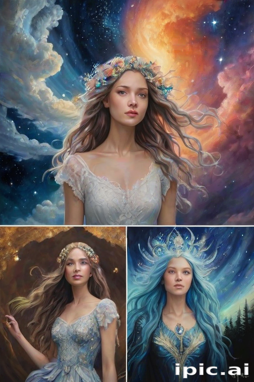 Create a series of imaginative portraits where each subject is infused with elements of fantasy and nature. The hair of the individuals should flow like clouds, varying from soft, fluffy cumulus to wispy cirrus strands, with hints of color reflecting a sunset or a clear blue sky. The eyes should be windows to entire galaxies, with stars, nebulae, and distant planets visible within them. Clothing should be adorned with nature motifs, such as floral patterns that bloom and change, vines that seem to grow and wrap around, or feathers that shimmer with iridescence. Each portrait should capture a unique personality, blending human features with the ethereal beauty of the natural and cosmic world. The backgrounds can vary, from starry night skies to enchanted forests, adding depth and context to the magical realism of the portraits