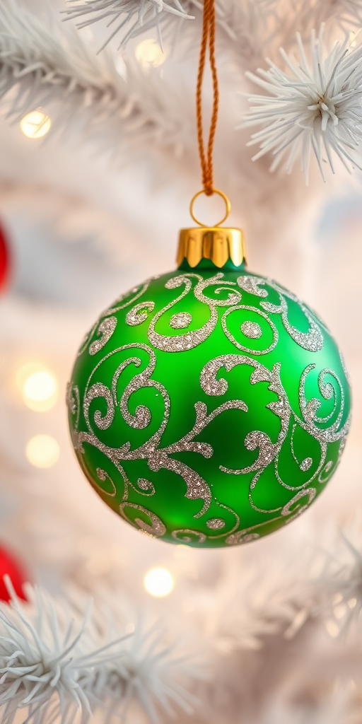 Generate an image of a close-up ornament hanging on a white Christmas tree. The ornament should be a vibrant green color with intricate swirling patterns and glitter accents. The background should be softly blurred, emphasizing the ornament and the bright white branches of the tree. Include soft, warm lights in the background to create a festive atmosphere.