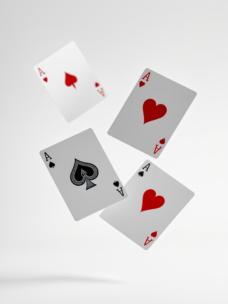 create an image of four playing cards falling in mid-air, focus on aces of spades and hearts, use a Canon EOS R5 camera, 50mm lens, aperture f/2.8, ISO 100, shutter speed 1/1000s, set against a smooth white background to enhance contrast and clarity