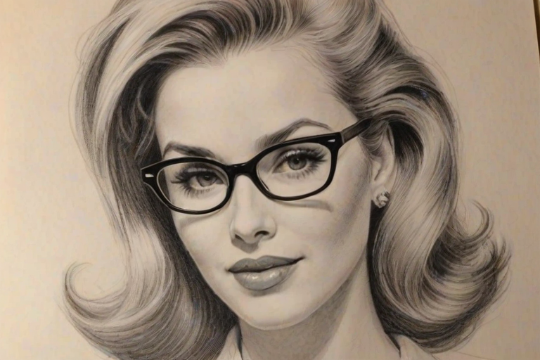 Radiant Kerry Bish', pencil sketch, portrait of Stunning woman 1956s in glasses, hair style beatnik, outline, clear lines, fine lines, 8k