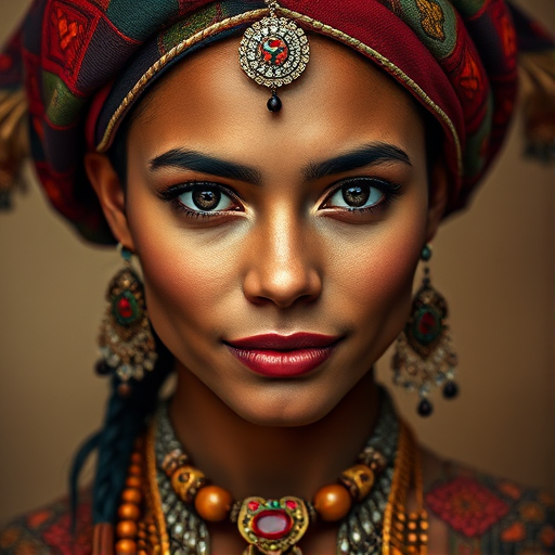 Create a portrait of a beautiful taino woman with striking black eyes and a gentle expression. She is adorned in traditional attire with intricate patterns, including a richly embroidered headscarf and matching garments. Her jewelry includes a delicate headpiece, dangling earrings, and ornate bracelets, all featuring vibrant gemstones and detailed metalwork. The background is soft and warm, enhancing the rich colors of her outfit and jewelry.
