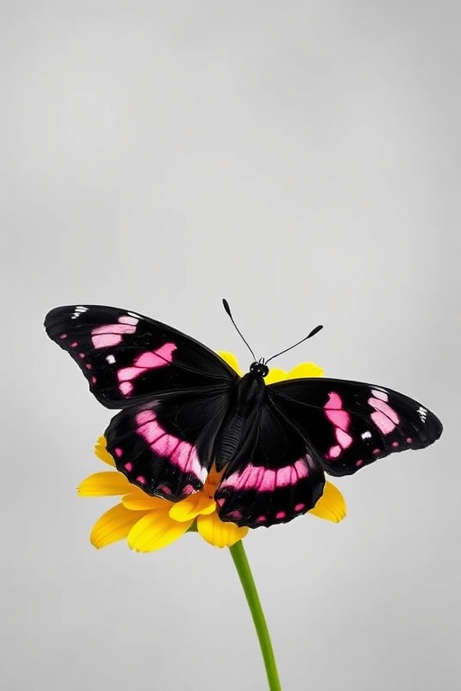 Generate an image of a butterfly perched on a vibrant yellow flower. The butterfly should have black wings with pink and white markings, set against a soft gray background. The scene should capture the delicate details of the butterfly and the flower.