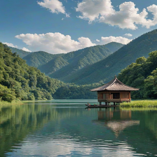 a serene landscape featuring a traditional wooden pavilion on stilts in a calm lake surrounded by lush green hills and mountains under a bright blue sky with fluffy clouds, and a person in a boat paddling nearby