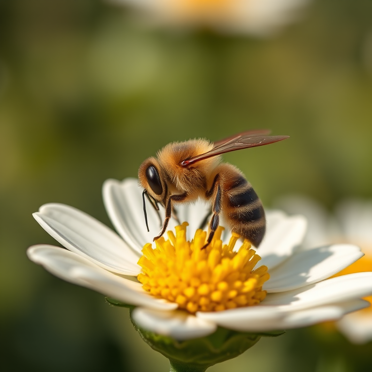 a close-up shot of a bee on a white flower, with a shallow depth of field to blur the background, taken with a DSLR camera, 85mm lens, f/2.8 aperture, ISO 200, natural sunlight, high resolution