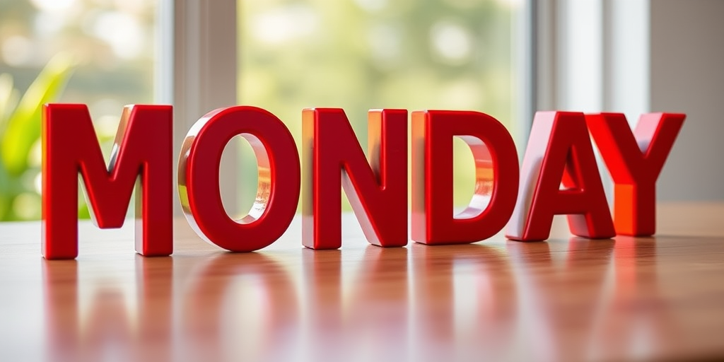 Create an image of the word MONDAY in bold, 3D red letters with a glossy finish, shot using a DSLR camera at f/2.8 aperture, 50mm lens, with natural lighting and a shallow depth of field for a vibrant and sharp focus.