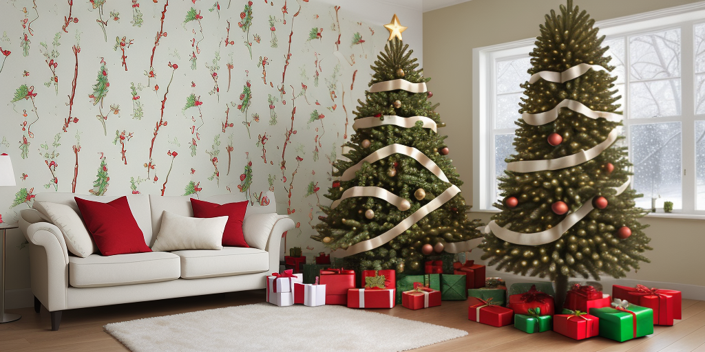 Cozy Holiday Living Room Decorated with Christmas Trees and Wrapped Gifts