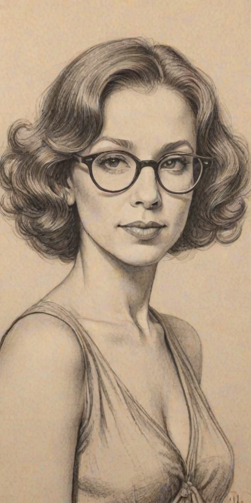 Alluring Rhea Perlman, pencil sketch, portrait of Lovely woman 1934s in glasses, hair style beatnik, outline, clear lines, fine lines, 8k