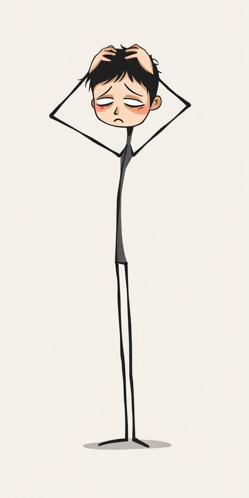 Create an illustration of a thin, tall stick figure with a distressed expression, standing with its hands on its head, in a minimalist style, using a high-resolution digital art technique, 300 DPI, with a soft focus effect, captured from a slightly low angle to emphasize height and emotion.