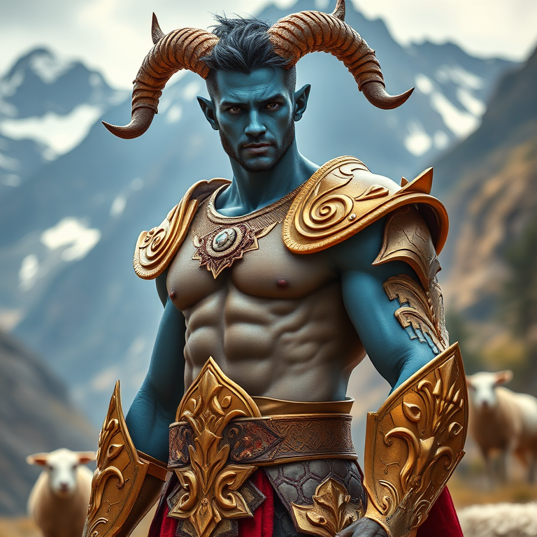 Create a highly detailed fantasy image of a male character with blue skin, large horns, and a muscular physique, wearing ornate golden armor, standing confidently in a mountainous valley with sheep in the background, use a DSLR camera with a 50mm lens, aperture set to f/1.8, ISO 100, and natural lighting to enhance color vibrancy and depth.