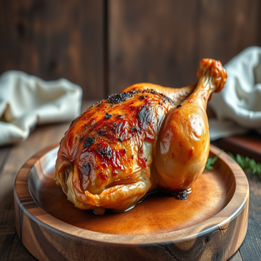 generate a realistic image of a roasted chicken leg on a wooden plate with a rustic background, using a DSLR camera, aperture f/4, shutter speed 1/125, ISO 100, shot at eye level, with natural lighting for enhanced detail and texture