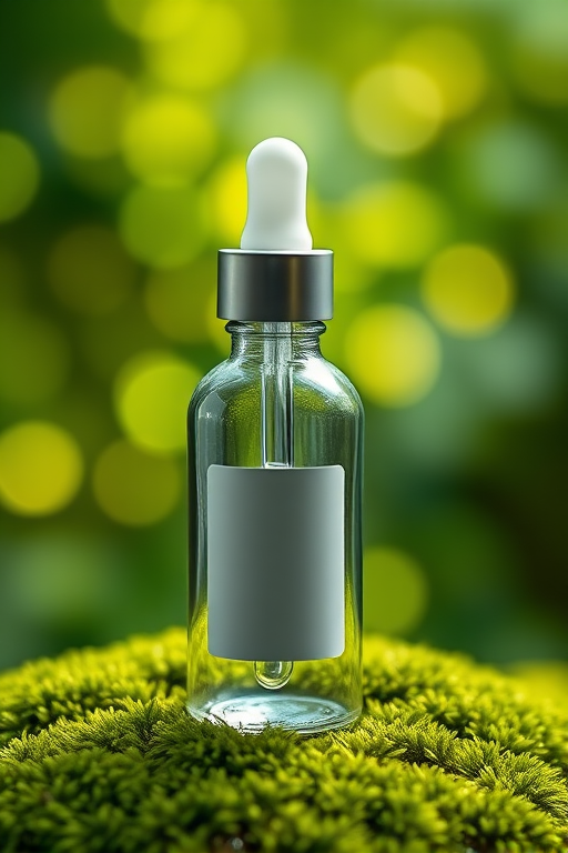 Create an image of a clear glass dropper bottle with a blank label standing on a lush green moss surface, set against a blurred background of softly glowing green bokeh lights, captured with a DSLR camera at f/2.8 aperture, 50mm lens, at ISO 100, with shallow depth of field to enhance focus on the bottle.