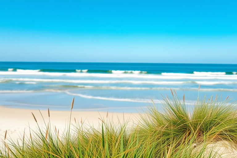 watercolor landscape of a serene coastal scene with gentle waves, soft sandy beach, lush grass in the foreground, vibrant blue sky, shot with a Canon EOS R5, 50mm lens, f/8 aperture, ISO 100, natural light settings, focus on the foreground with a shallow depth of field for enhanced texture.