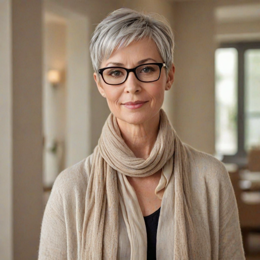 Portrait of a mature woman with short silver hair, styled in an asymmetrical pixie cut with side bangs. She wears black-framed glasses and a beige blouse with a white cardigan over it, as well as a bulky scarf in neutral tones. The woman is indoors with soft lighting and a blur in the background. Her expression is serene and confident, highlighting her elegance and modern style.
