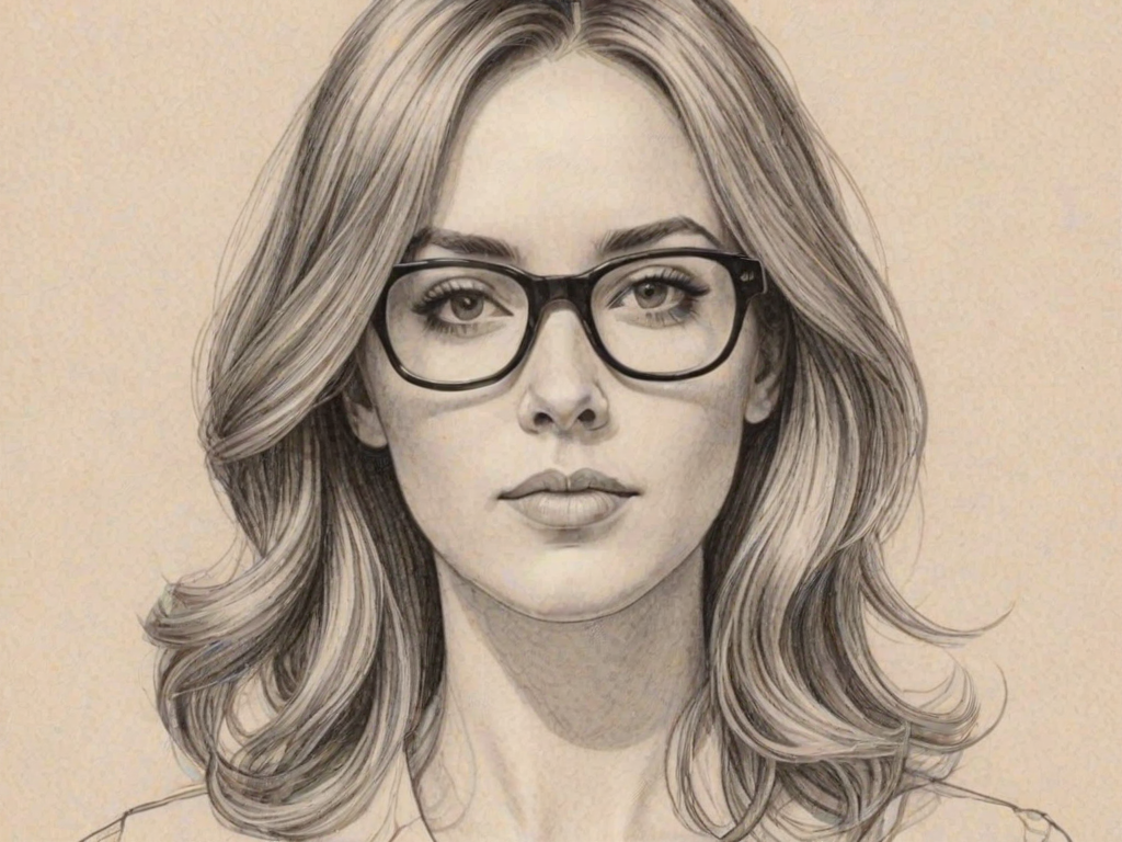 Wonderful Andrea Bowen, pencil sketch, portrait of Captivating woman 1968s in glasses, hair style beatnik, outline, clear lines, fine lines, 8k