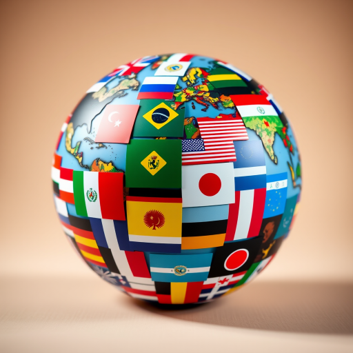 Create a high-resolution image of a 3D globe covered in various national flags from around the world, using a DSLR camera at f/8 aperture, 24mm focal length, ISO 100, and a soft focus background for enhanced detail.