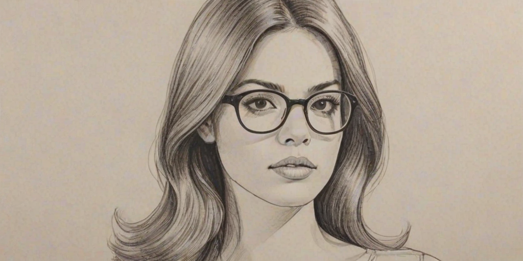 Attractive Anabelle Acosta, pencil sketch, portrait of Splendid woman 1971s in glasses, hair style beatnik, outline, clear lines, fine lines, 8k