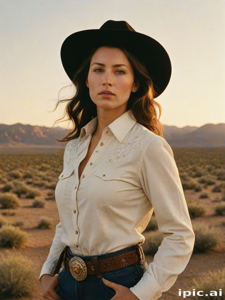 Dramatic photo of a beautiful Western American woman, classic cowboy attire, confident and free spirit expression, half-length portrait, centered, golden hour desert landscape, warm, diffused light, low angle, medium format film camera, in style of Annie Leibovitz.