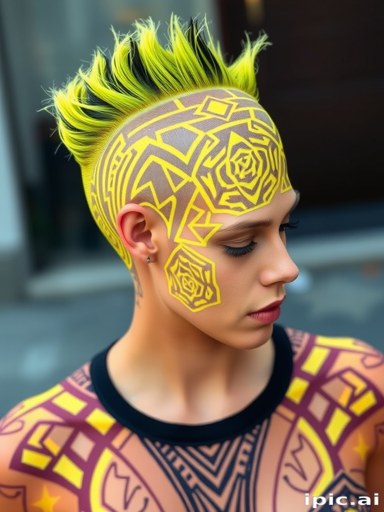 Edgy neon yellow buzz cut with intricate geometric patterns, showcasing bold individuality and avant-garde style