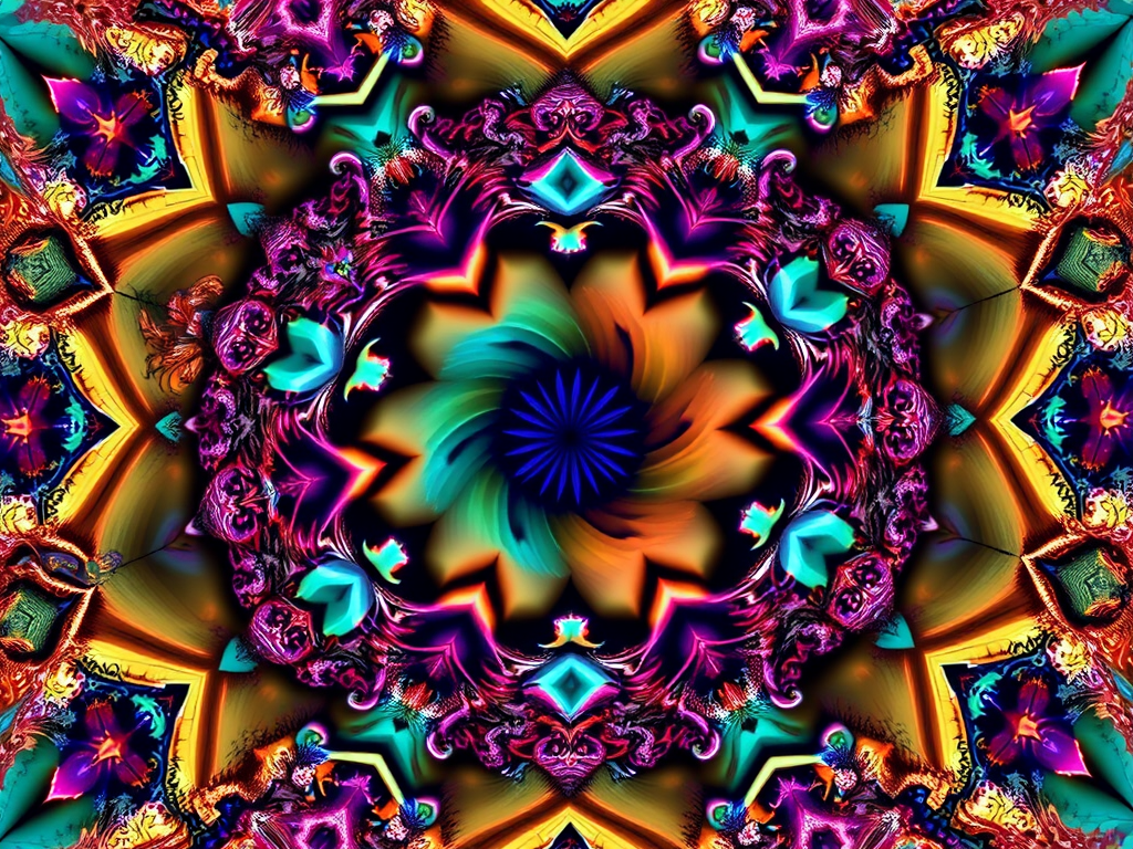 Create a high-resolution fractal image with intricate patterns and vibrant colors, using a 50mm lens at f/1.8, ISO 100, shot from a bird's eye view with a digital SLR camera to enhance detail and depth.