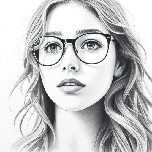 Create a stunning and detailed pencil drawing of a young woman with wavy hair and glasses, capturing her captivating expression and delicate features.