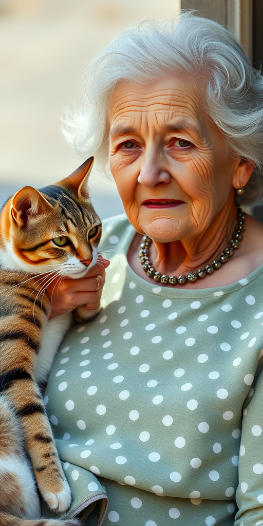 Regenerate the image of an elderly woman in a polka dot dress with a cat, using a digital painting style, a 50mm lens, f/2.8 aperture, ISO 100, shot in bright daylight to enhance colors and details.