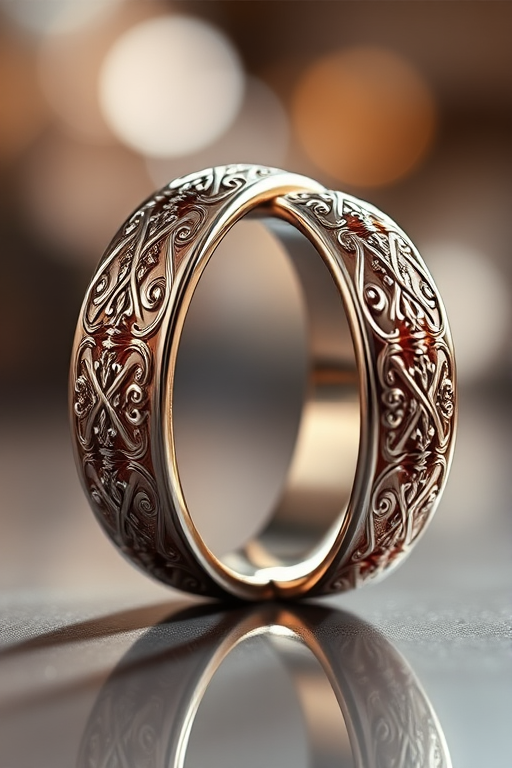 create a realistic image of two intertwined wedding rings with intricate designs and a polished finish, shot in a soft light setting to enhance reflections, use a Canon EOS R5 with a 50mm f/1.2 lens at ISO 100, aperture f/2.8, and a shutter speed of 1/125 sec, with a shallow depth of field to create a blurred background
