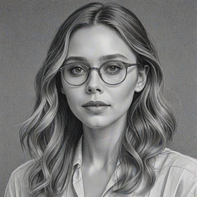 Radiant Elizabeth Olsen, pencil sketch, portrait of Beauteous woman 1926s in glasses, hair style beatnik, outline, clear lines, fine lines, 8k