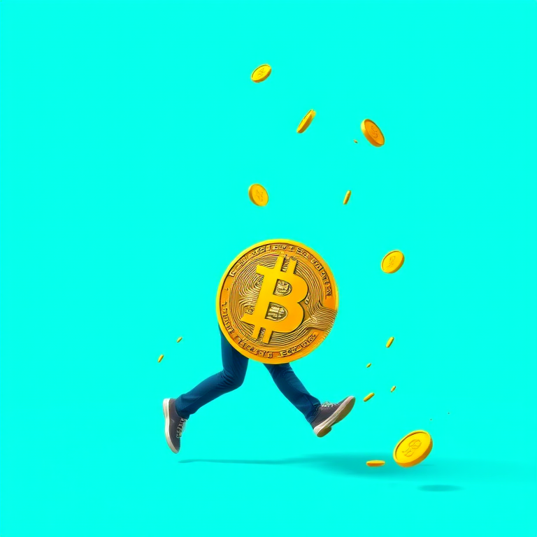 create a digital illustration of a man running away from a falling Bitcoin symbol, vibrant turquoise background, high contrast, 4K resolution, shot on a Canon EOS R5, using a 24-70mm f/2.8 lens, f/4 aperture, ISO 100, with a balanced composition and sharp focus on the character and Bitcoin, dynamic angle to emphasize movement