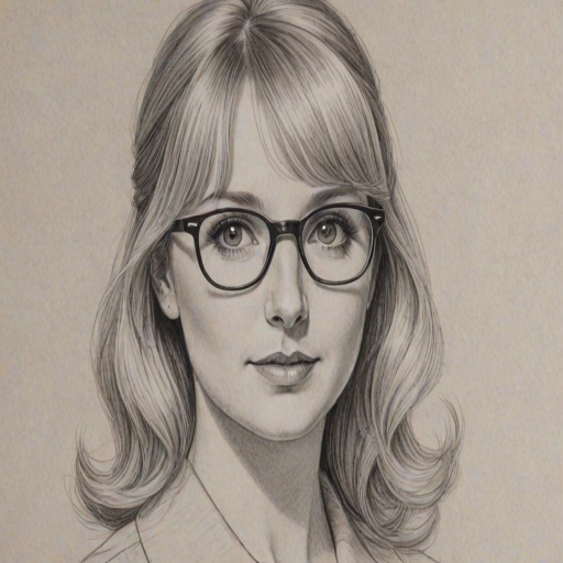 Wonderful Melissa Rauch, pencil sketch, portrait of Fetching woman 1944s in glasses, hair style beatnik, outline, clear lines, fine lines, 8k