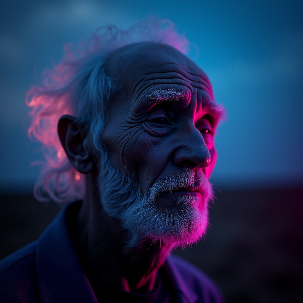 create a close-up perspective view fine art photography contemporary style of an elderly worn albino’s face with a soft, candid expression on a blurred sky black light background. Showcasing a modern style characterized by vibrant blacklight tones, using dramatic lighting and soft gradients to create a fine art atmosphere. The focus is on the light and facial features. motion light blur, neon backlit