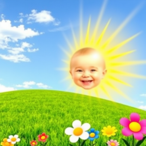 Create an image shows a bright, sun with a smiling baby's face in the center, radiating soft yellow rays. The sun is set against a clear blue sky with a few wispy clouds. Below, there's a lush green grassy hill with colorful, oversized flowers, giving the scene a whimsical, playful atmosphere.